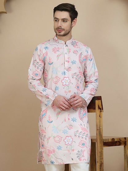 Peach & Blue Floral Printed Kurta with Thread Work