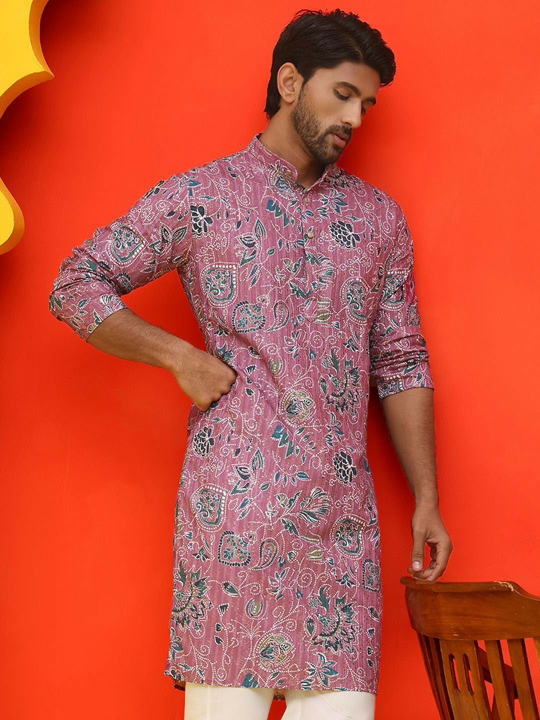 Purple & Green Floral Printed Kurta with Sequin Detailing
