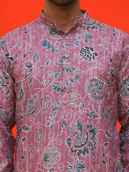 Purple & Green Floral Printed Kurta with Sequin Detailing