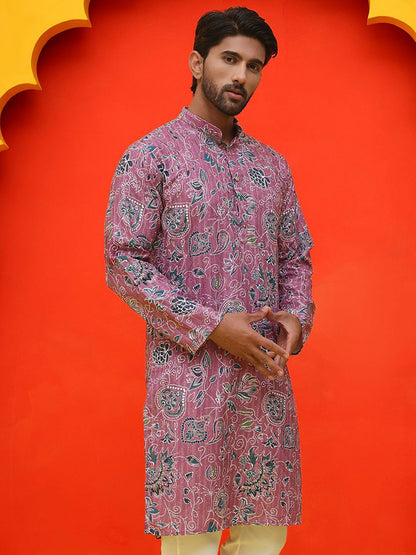 Purple & Green Floral Printed Kurta with Sequin Detailing