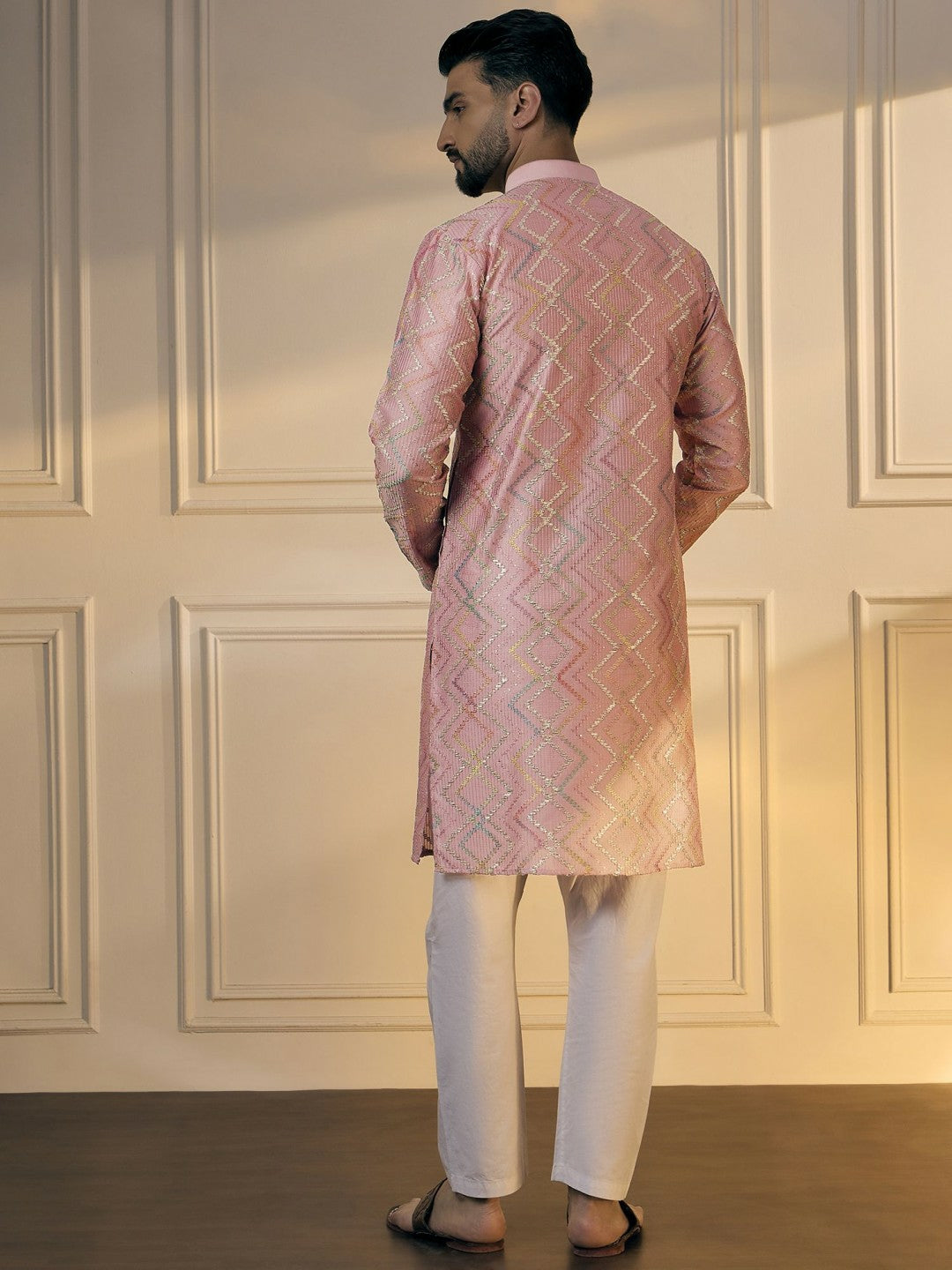 Men’s Pink Chevron Embroidered Cotton Kurta with Gotta Patti