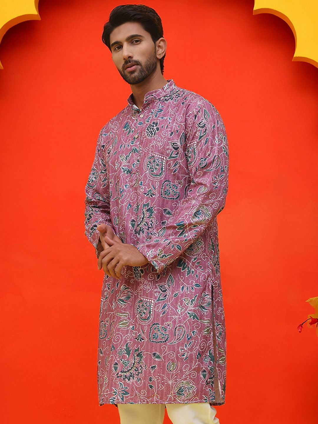 Purple & Green Floral Printed Kurta with Sequin Detailing