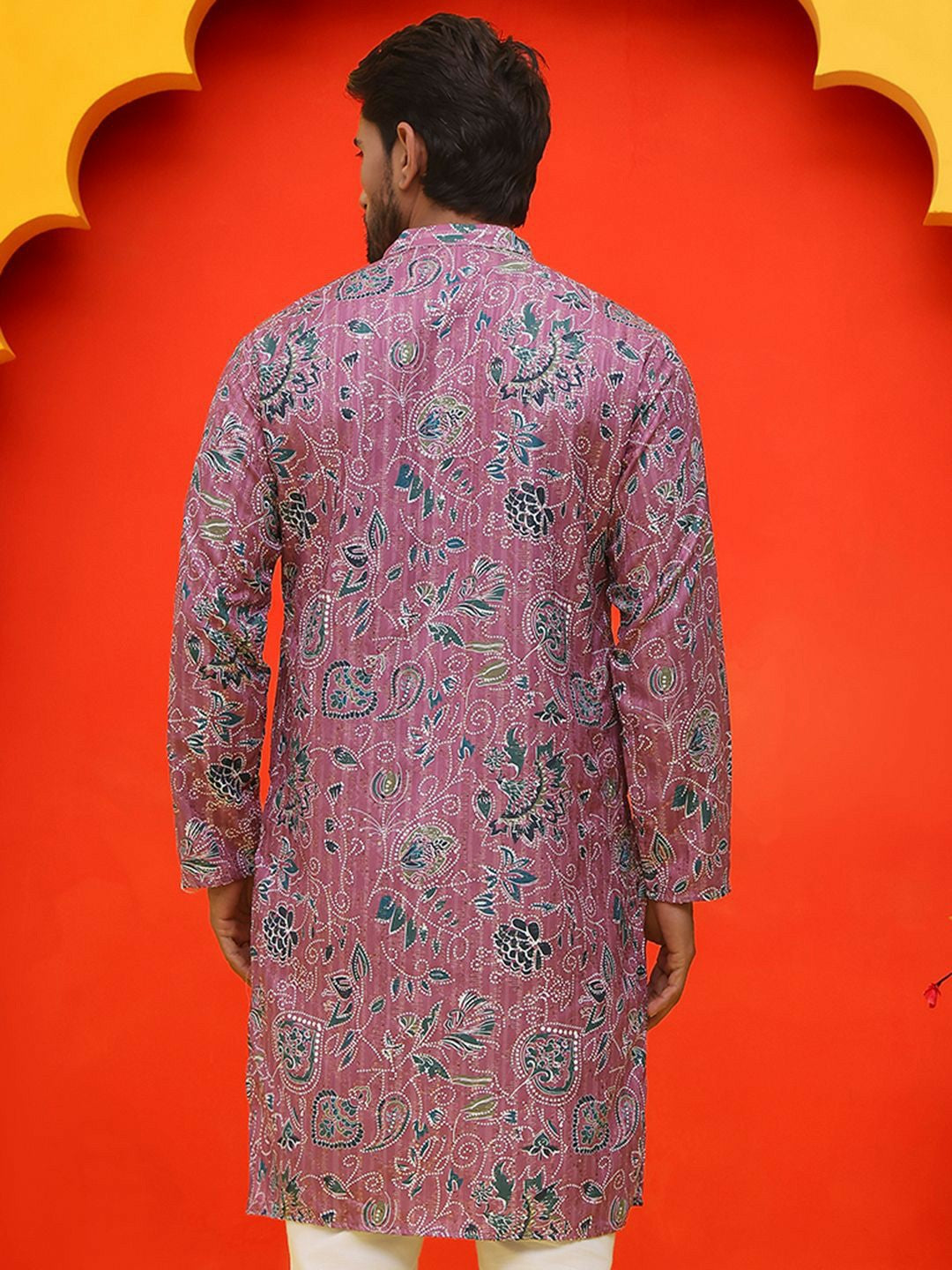 Purple & Green Floral Printed Kurta with Sequin Detailing