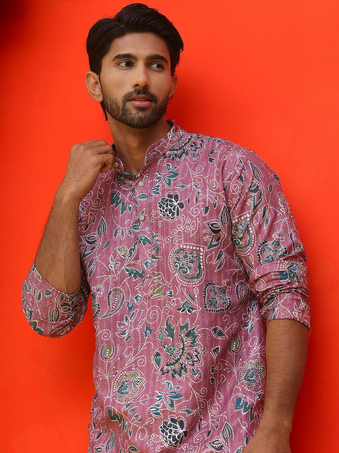 Purple & Green Floral Printed Kurta with Sequin Detailing