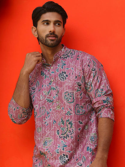 Purple & Green Floral Printed Kurta with Sequin Detailing