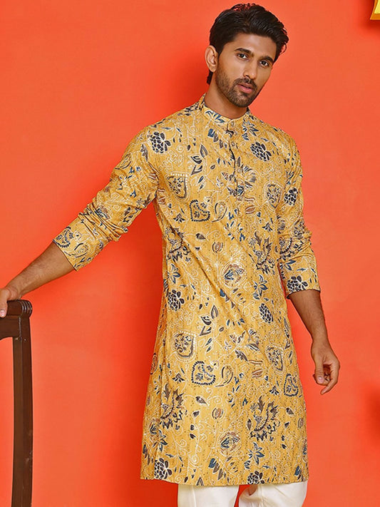 Yellow Floral Printed Kurta with Sequin Accents