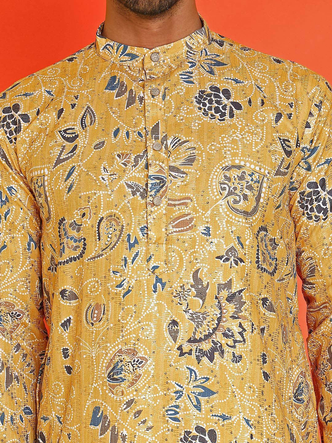 Yellow Floral Printed Kurta with Sequin Accents