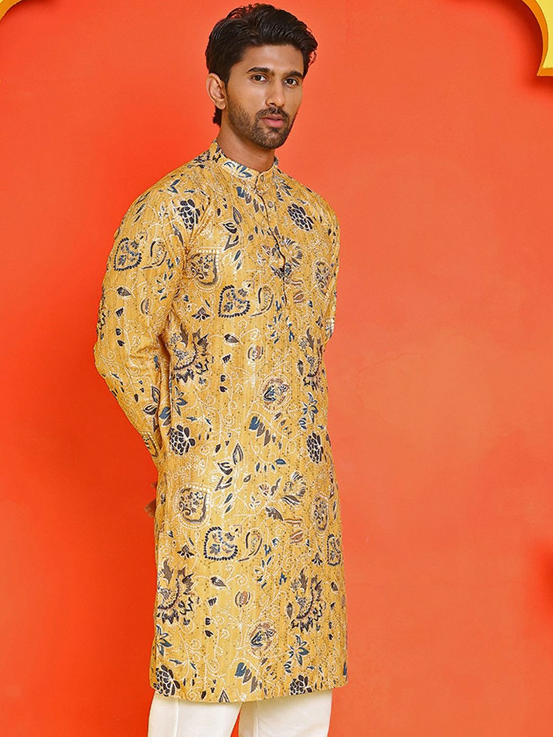 Yellow Floral Printed Kurta with Sequin Accents