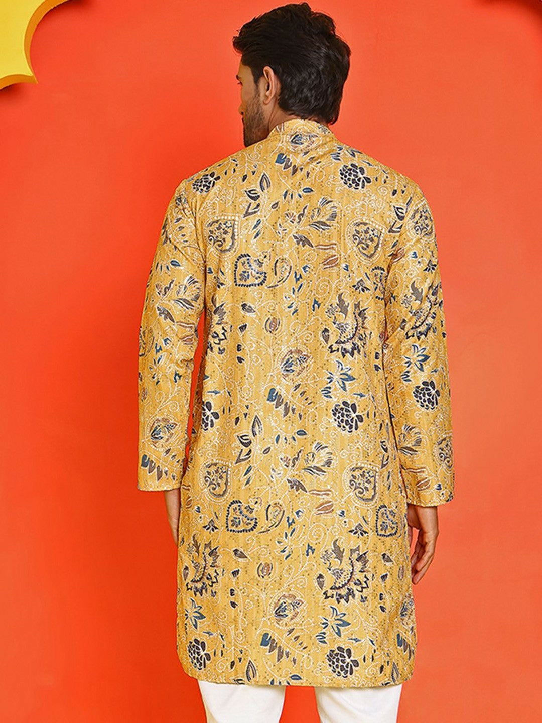 Yellow Floral Printed Kurta with Sequin Accents