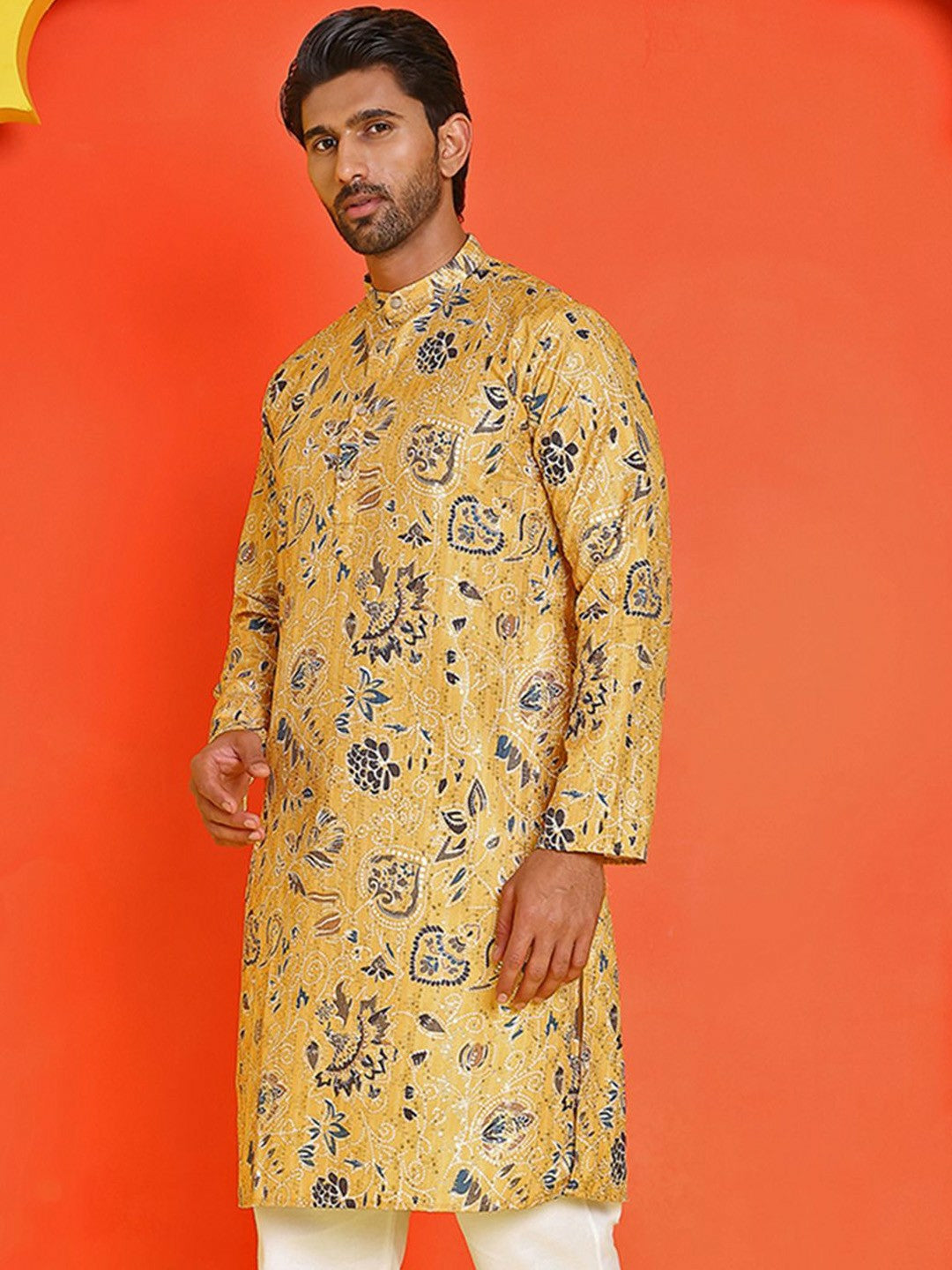 Yellow Floral Printed Kurta with Sequin Accents