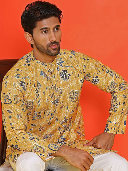 Yellow Floral Printed Kurta with Sequin Accents