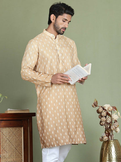 Beige Floral Printed Kurta with Sequin Detailing