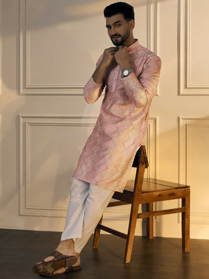 Men’s Pink Chevron Embroidered Cotton Kurta with Gotta Patti