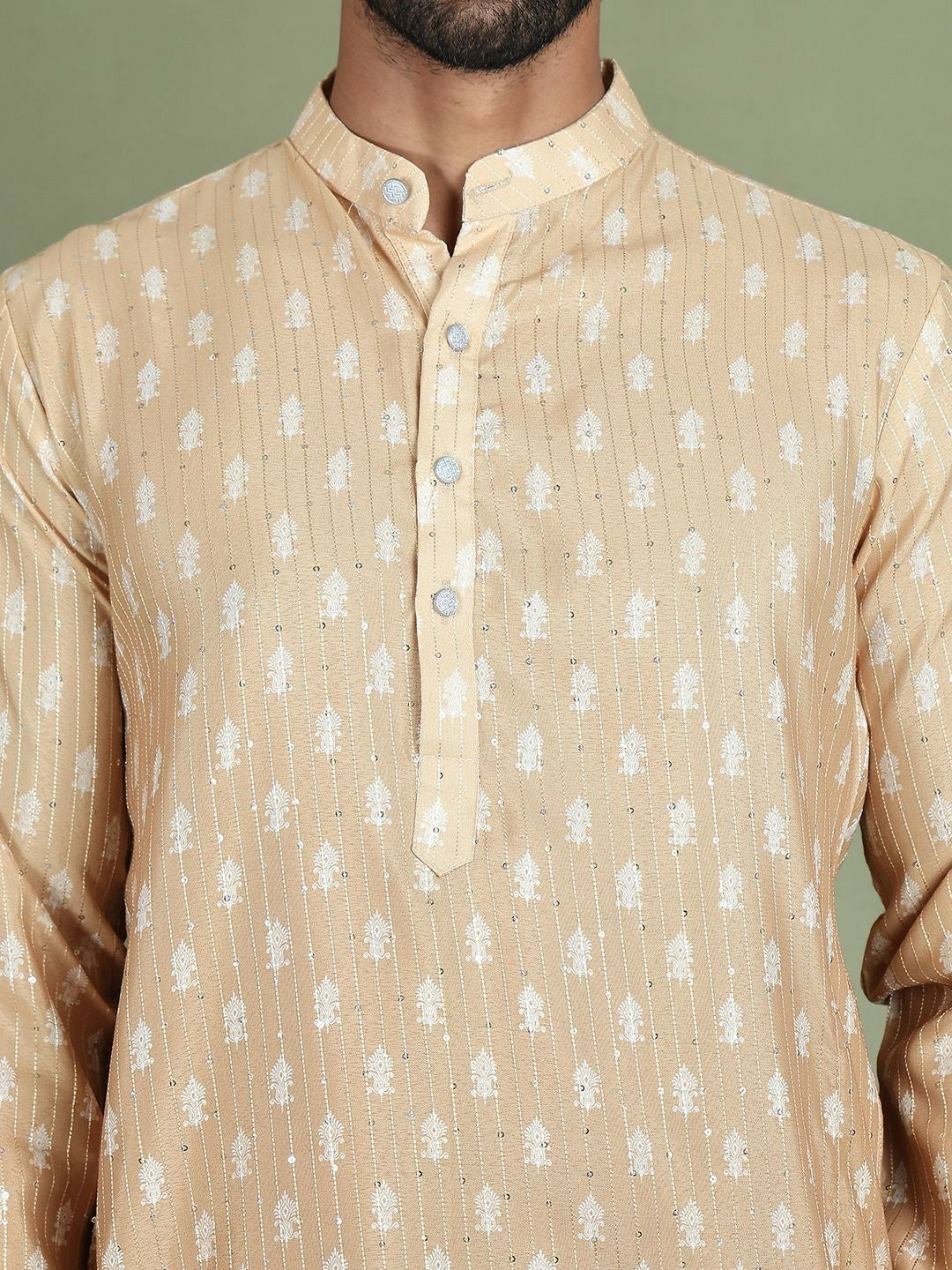 Beige Floral Printed Kurta with Sequin Detailing