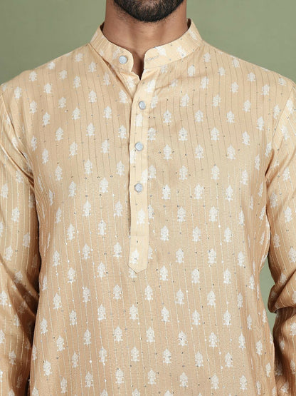 Beige Floral Printed Kurta with Sequin Detailing