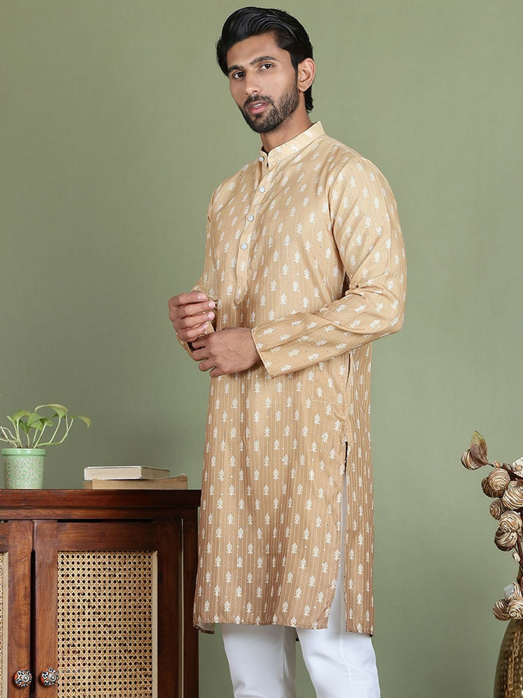 Beige Floral Printed Kurta with Sequin Detailing