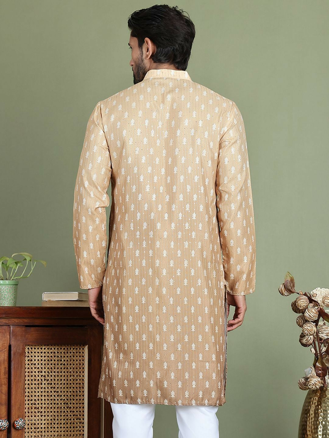 Beige Floral Printed Kurta with Sequin Detailing
