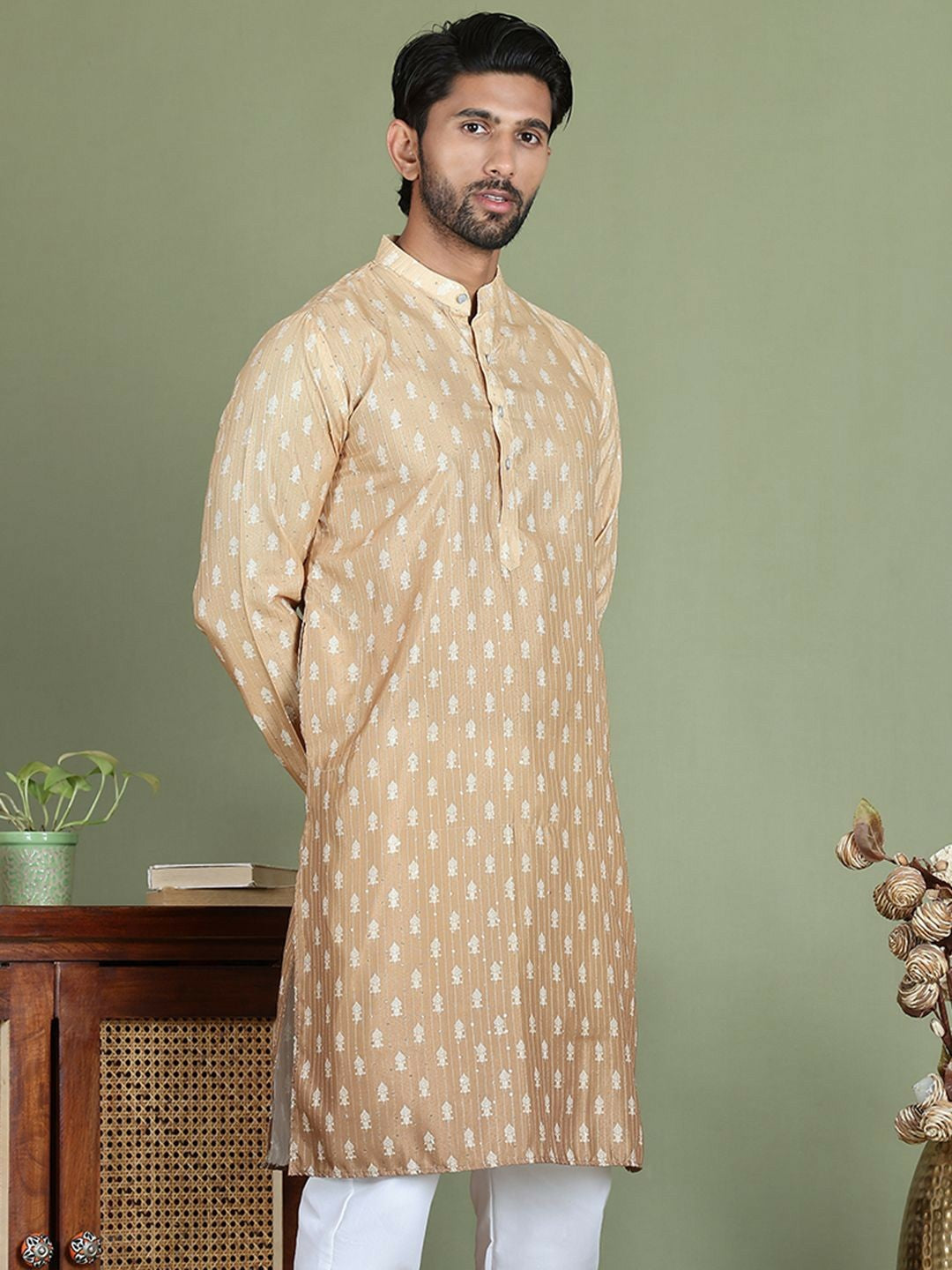 Beige Floral Printed Kurta with Sequin Detailing