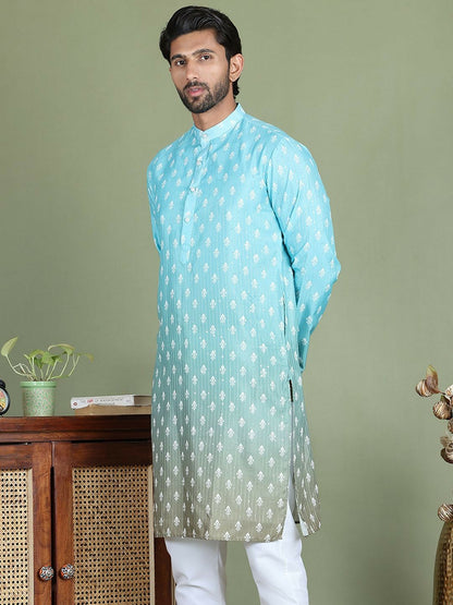 Blue Floral Printed Kurta with Sequin Accents
