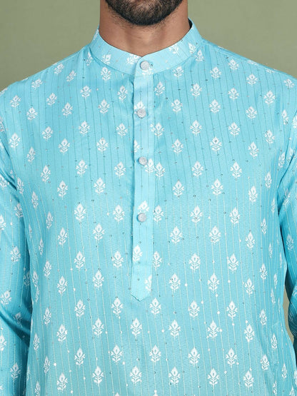 Blue Floral Printed Kurta with Sequin Accents