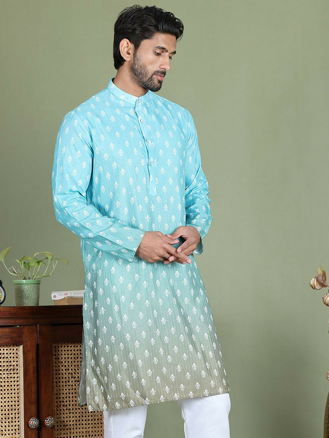 Blue Floral Printed Kurta with Sequin Accents