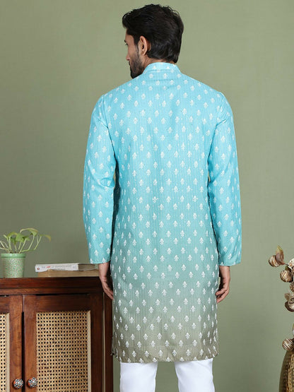 Blue Floral Printed Kurta with Sequin Accents