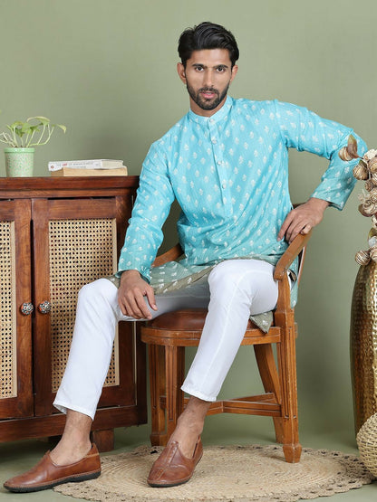 Blue Floral Printed Kurta with Sequin Accents