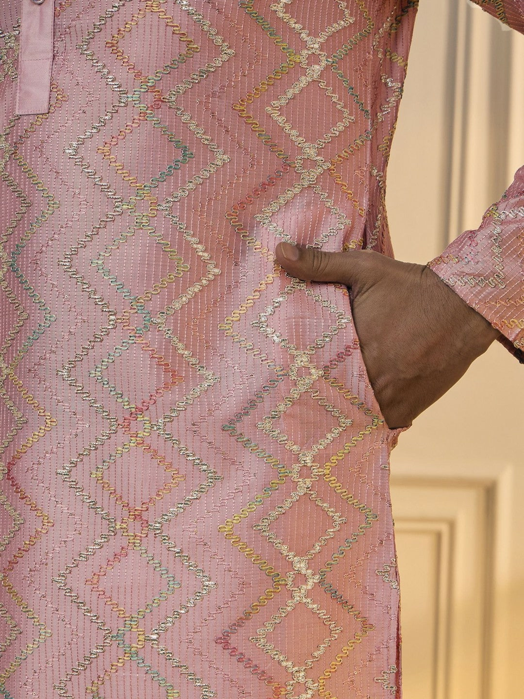 Men’s Pink Chevron Embroidered Cotton Kurta with Gotta Patti