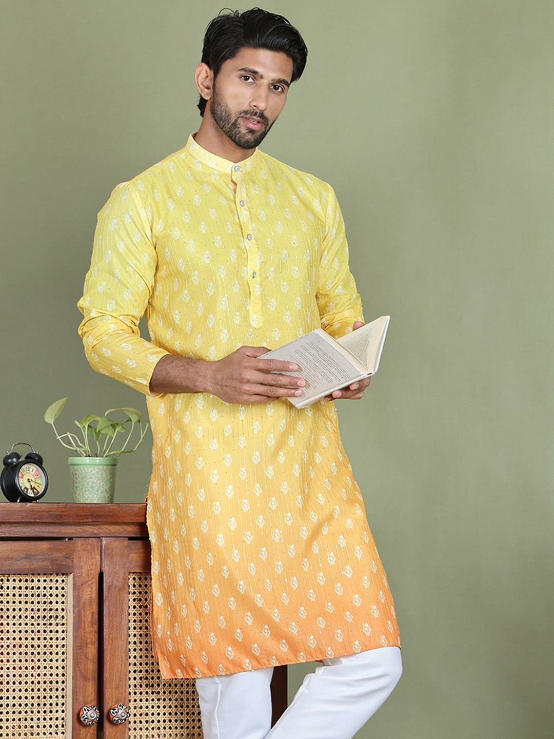 Yellow Floral Printed Kurta with Sequin Detailing
