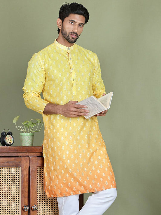 Yellow Floral Printed Kurta with Sequin Detailing