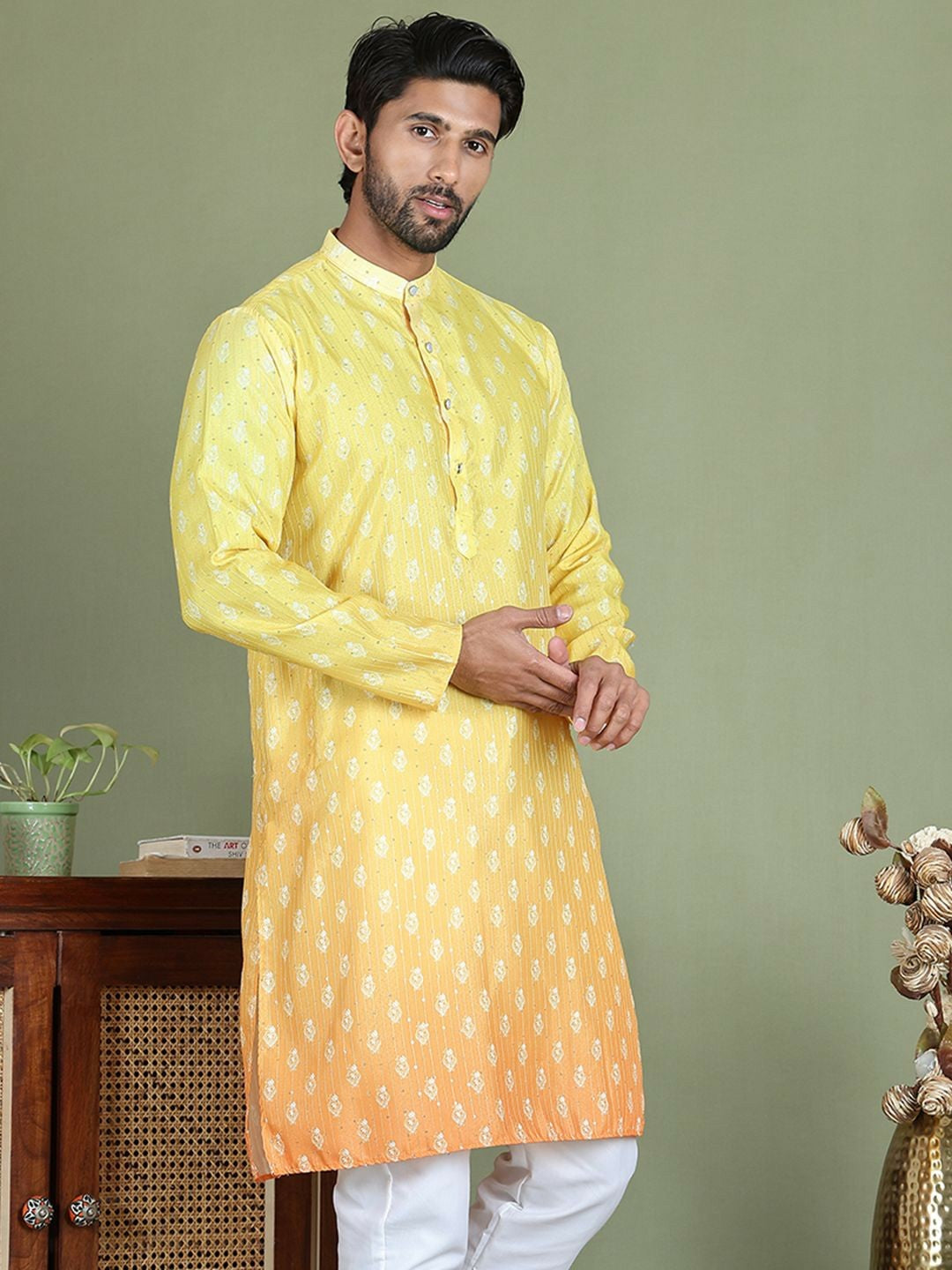 Yellow Floral Printed Kurta with Sequin Detailing