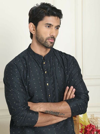 Black Floral Jacquard Silk Kurta with Mandarin Collar