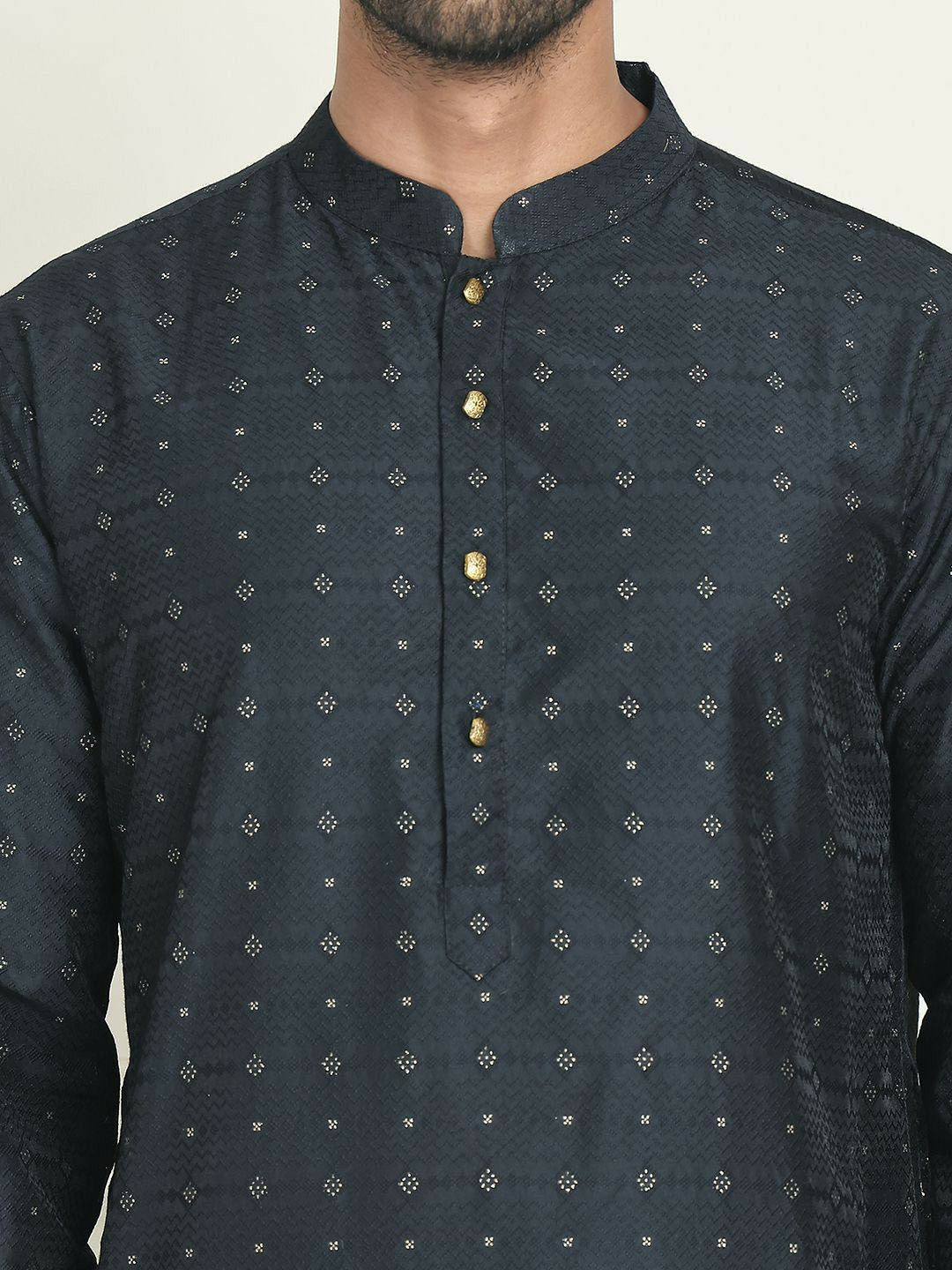 Black Floral Jacquard Silk Kurta with Mandarin Collar