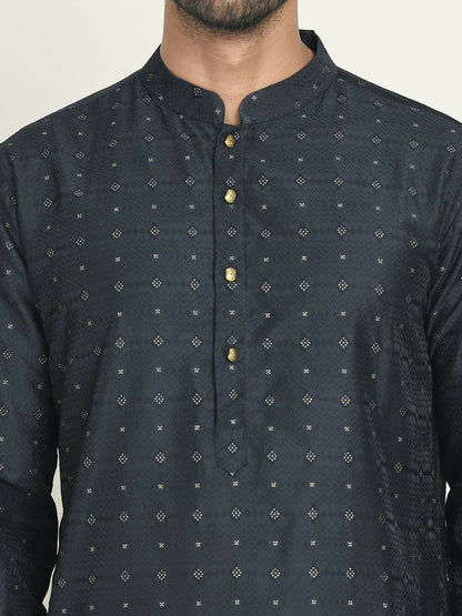 Black Floral Jacquard Silk Kurta with Mandarin Collar