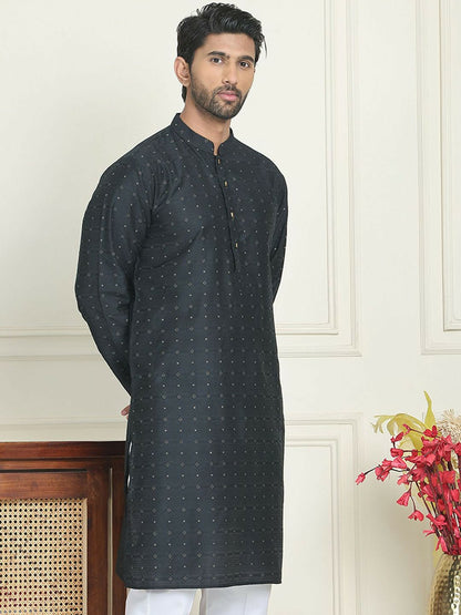 Black Floral Jacquard Silk Kurta with Mandarin Collar
