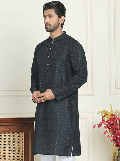 Black Floral Jacquard Silk Kurta with Mandarin Collar