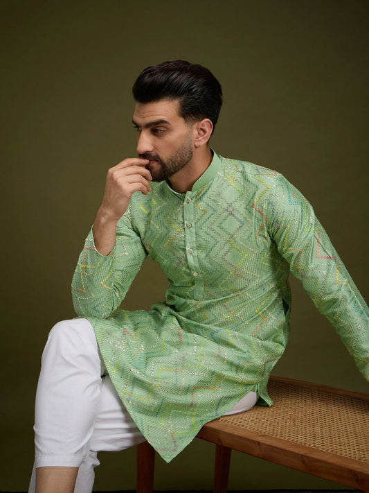 Men’s Green Chevron Embroidered Cotton Kurta with Gotta Patti
