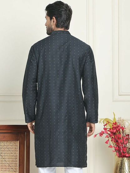 Black Floral Jacquard Silk Kurta with Mandarin Collar