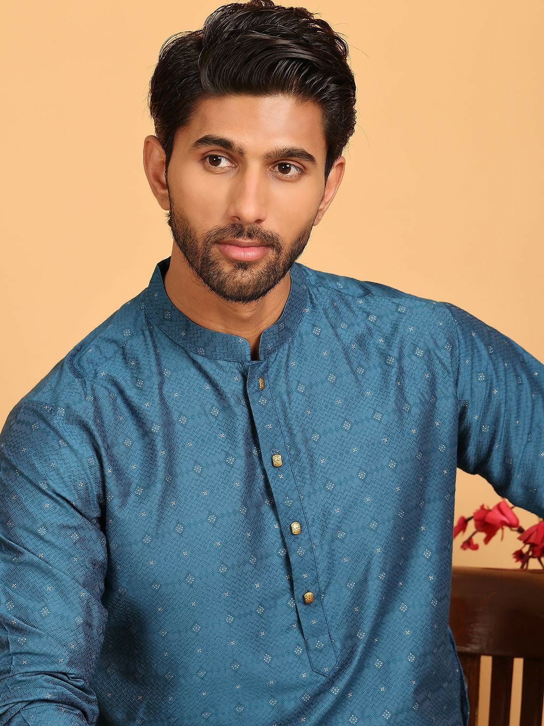 Blue Geometric Jacquard Silk Kurta with Mandarin Collar