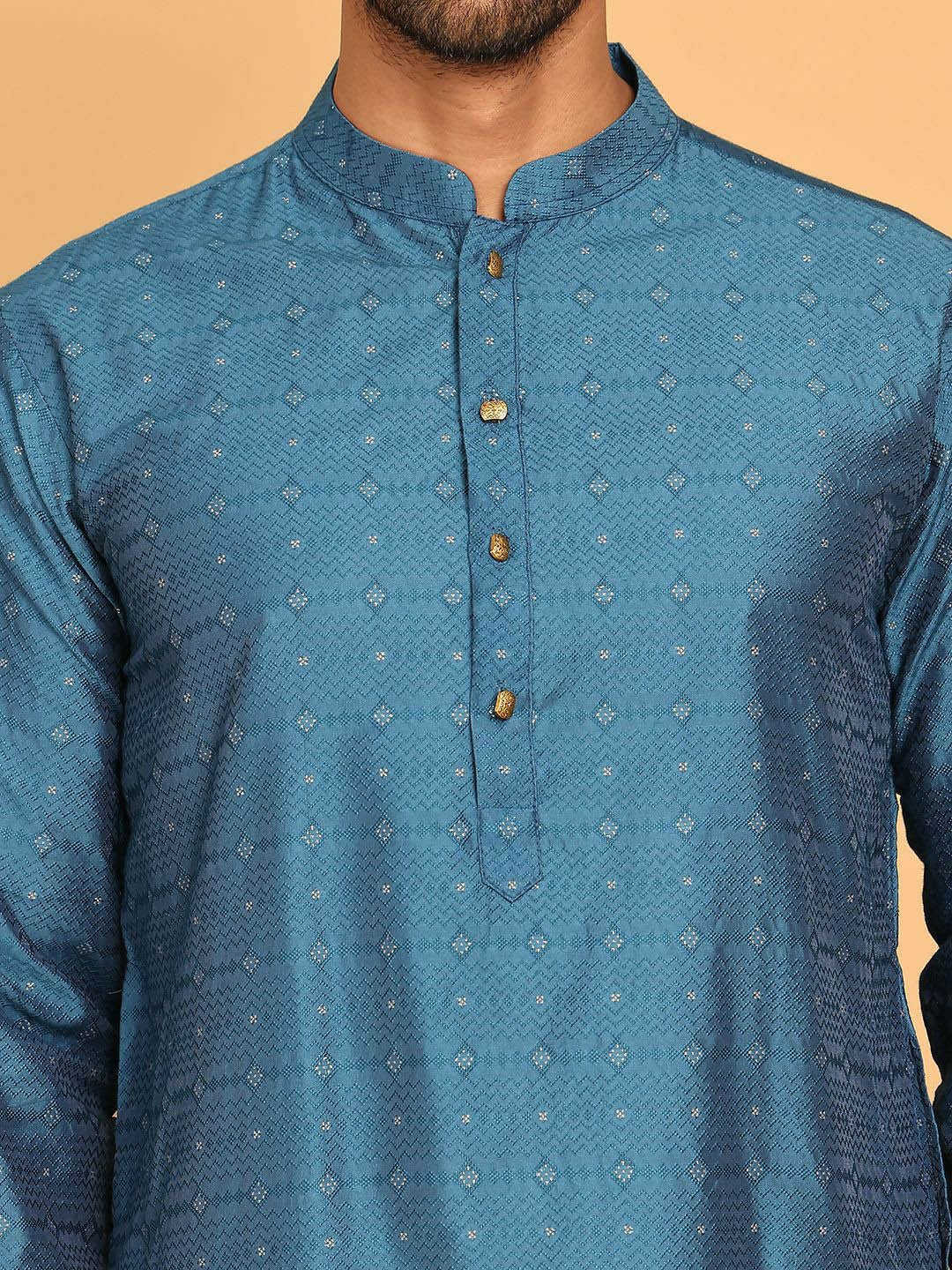 Blue Geometric Jacquard Silk Kurta with Mandarin Collar