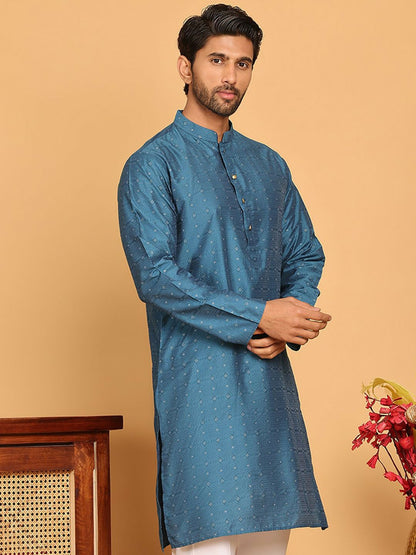 Blue Geometric Jacquard Silk Kurta with Mandarin Collar