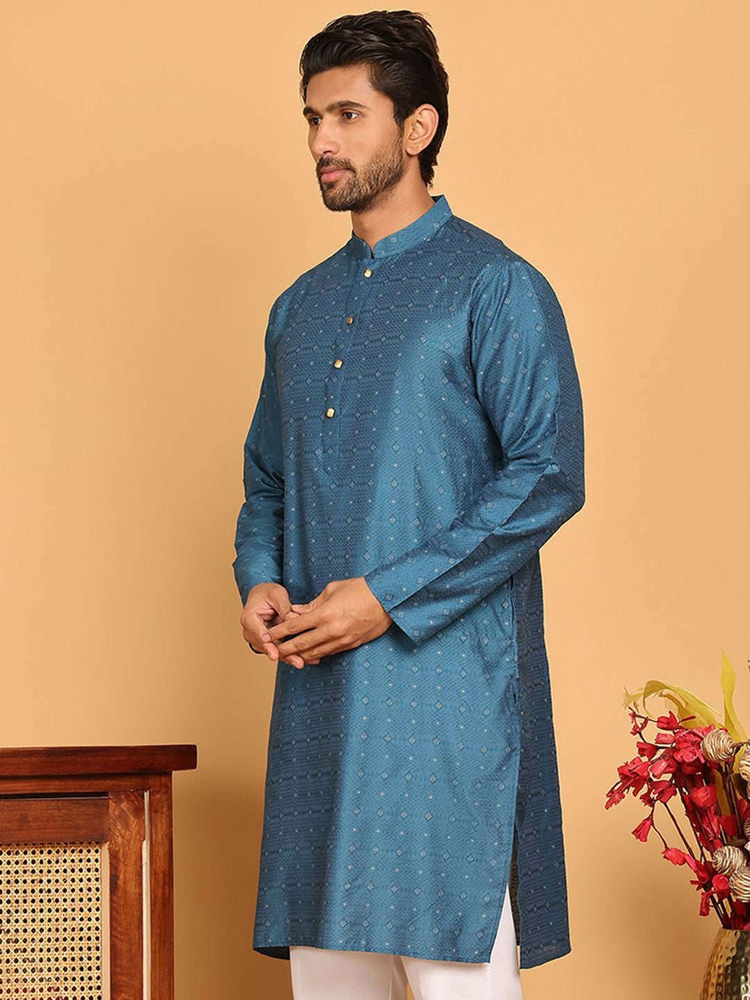 Blue Geometric Jacquard Silk Kurta with Mandarin Collar