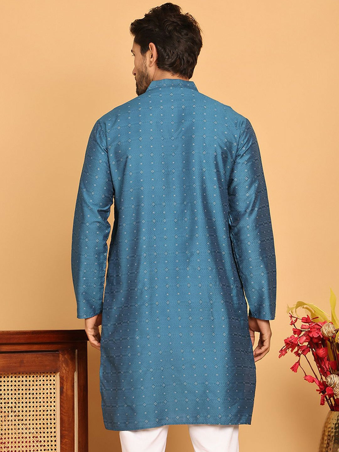Blue Geometric Jacquard Silk Kurta with Mandarin Collar