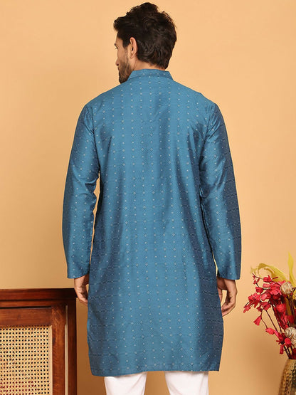 Blue Geometric Jacquard Silk Kurta with Mandarin Collar