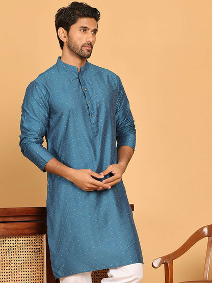 Blue Geometric Jacquard Silk Kurta with Mandarin Collar