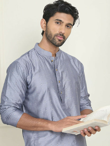 Grey Geometric Jacquard Silk Blend Kurta with Mandarin Collar