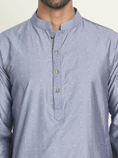 Grey Geometric Jacquard Silk Blend Kurta with Mandarin Collar