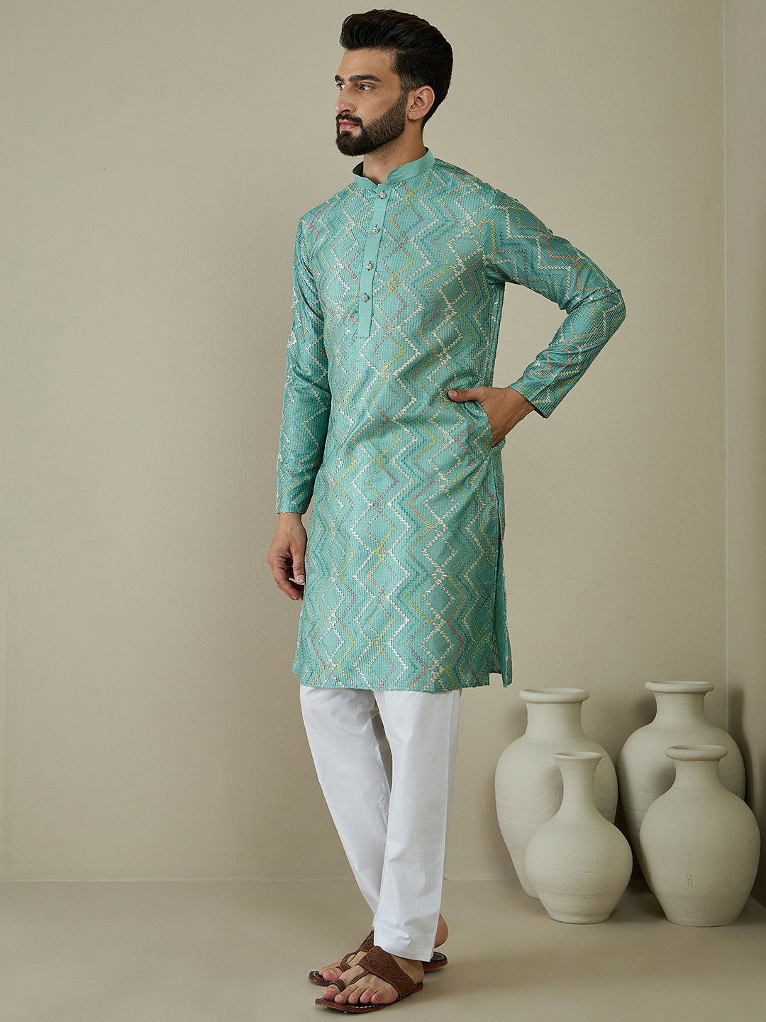 Men’s Sea Green Ethnic Motif Embroidered Kurta