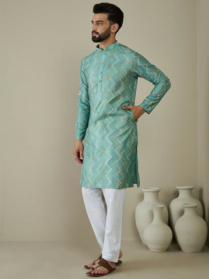 Men’s Sea Green Ethnic Motif Embroidered Kurta