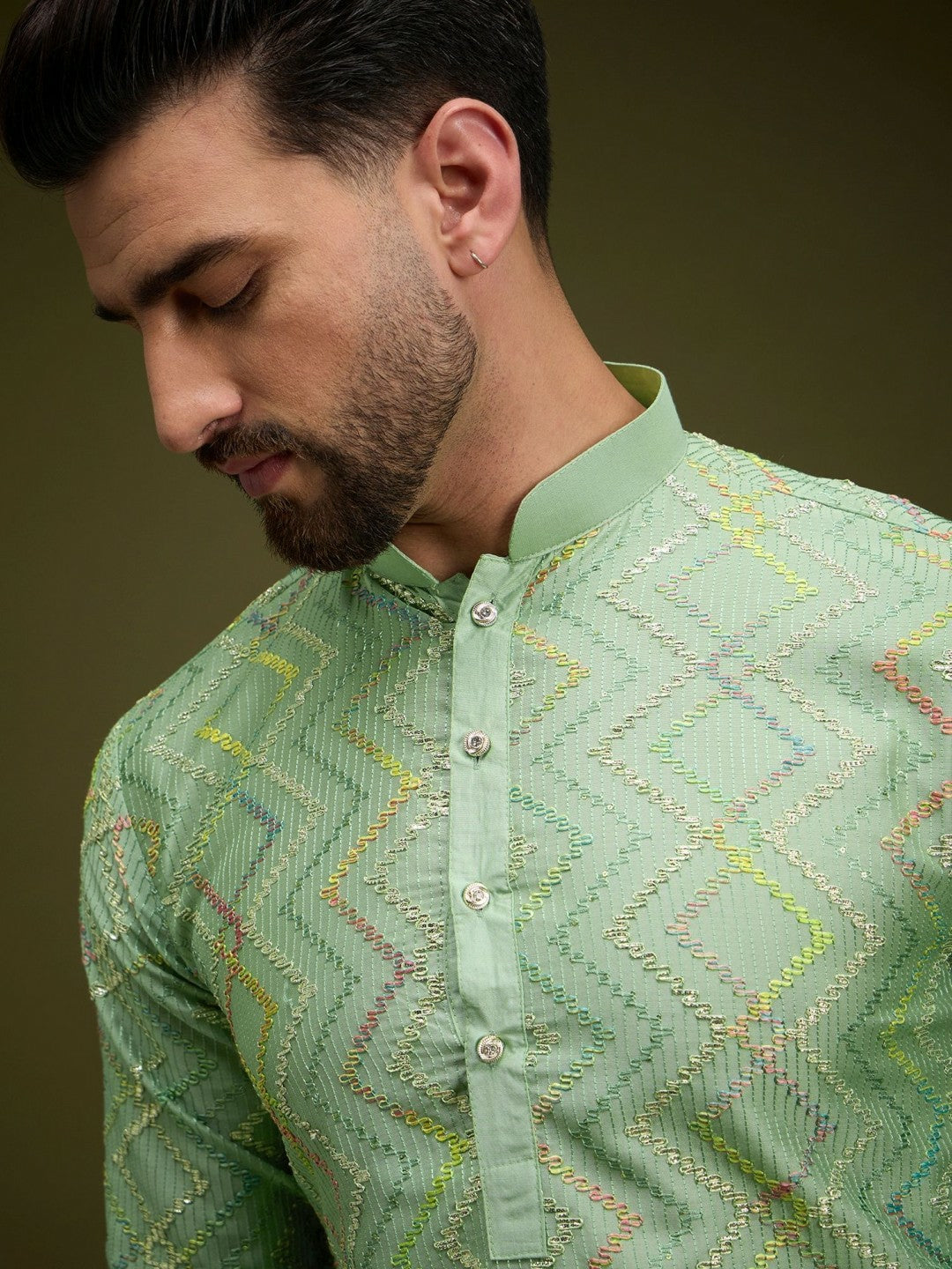 Men’s Green Chevron Embroidered Cotton Kurta with Gotta Patti